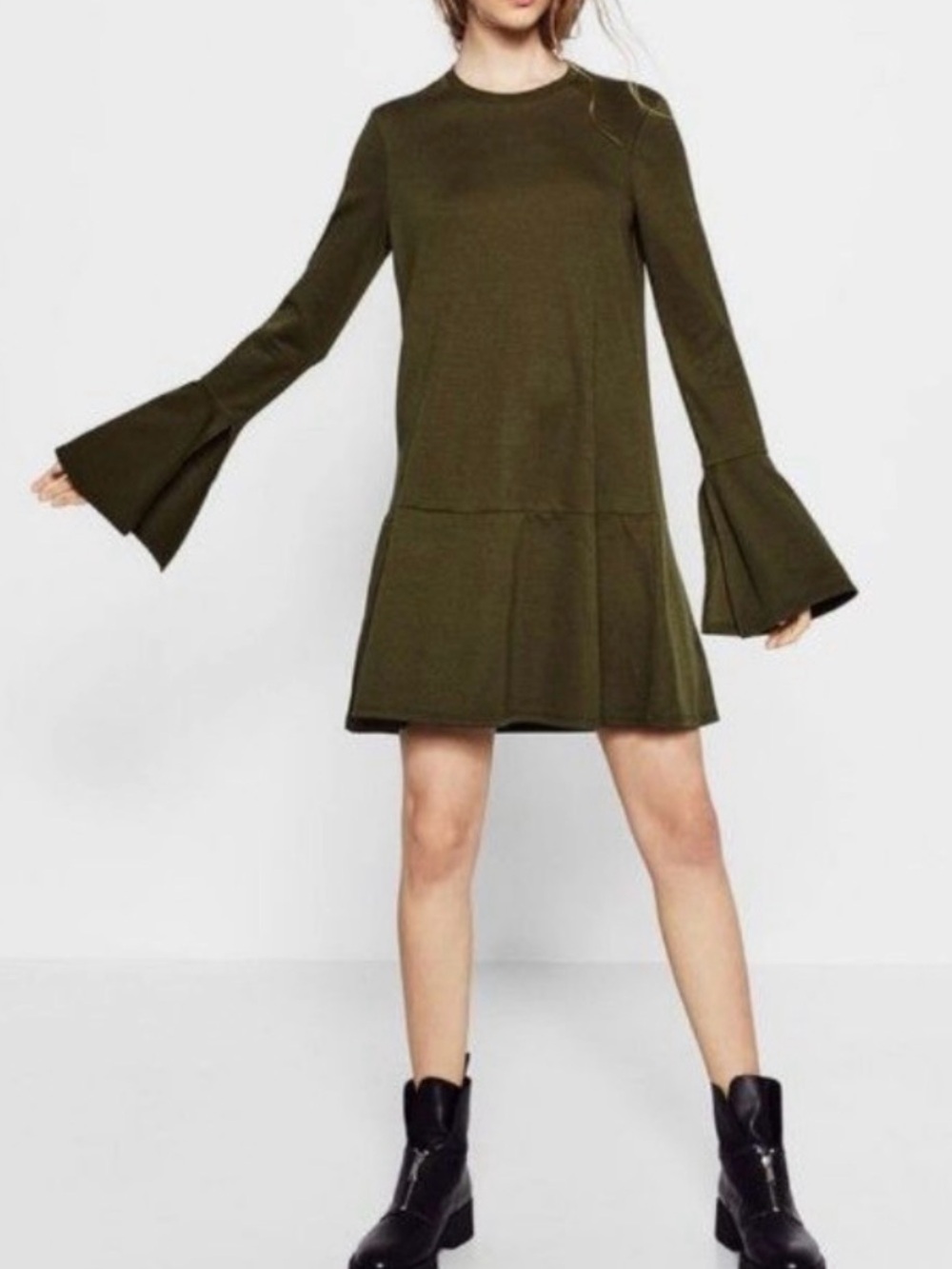 Zara Olive Green Bell Sleeve Drop Waist Mini Dress | Size Small